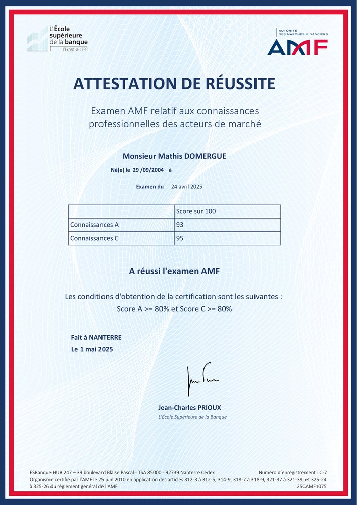 Attestation de réussite à l'examen AMF